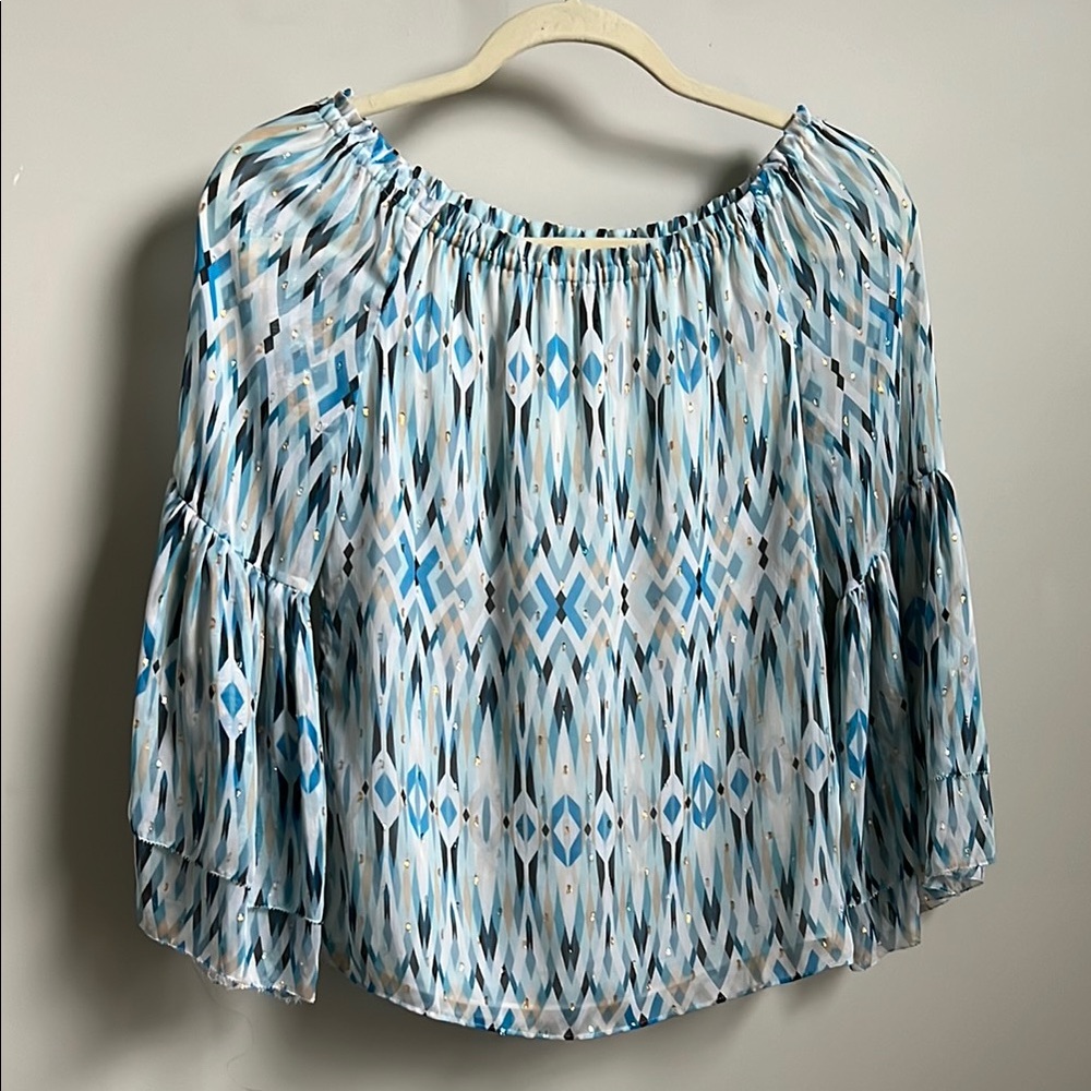 White House Black Market Elegant Blue Ikat Off the Shoulder Blouse